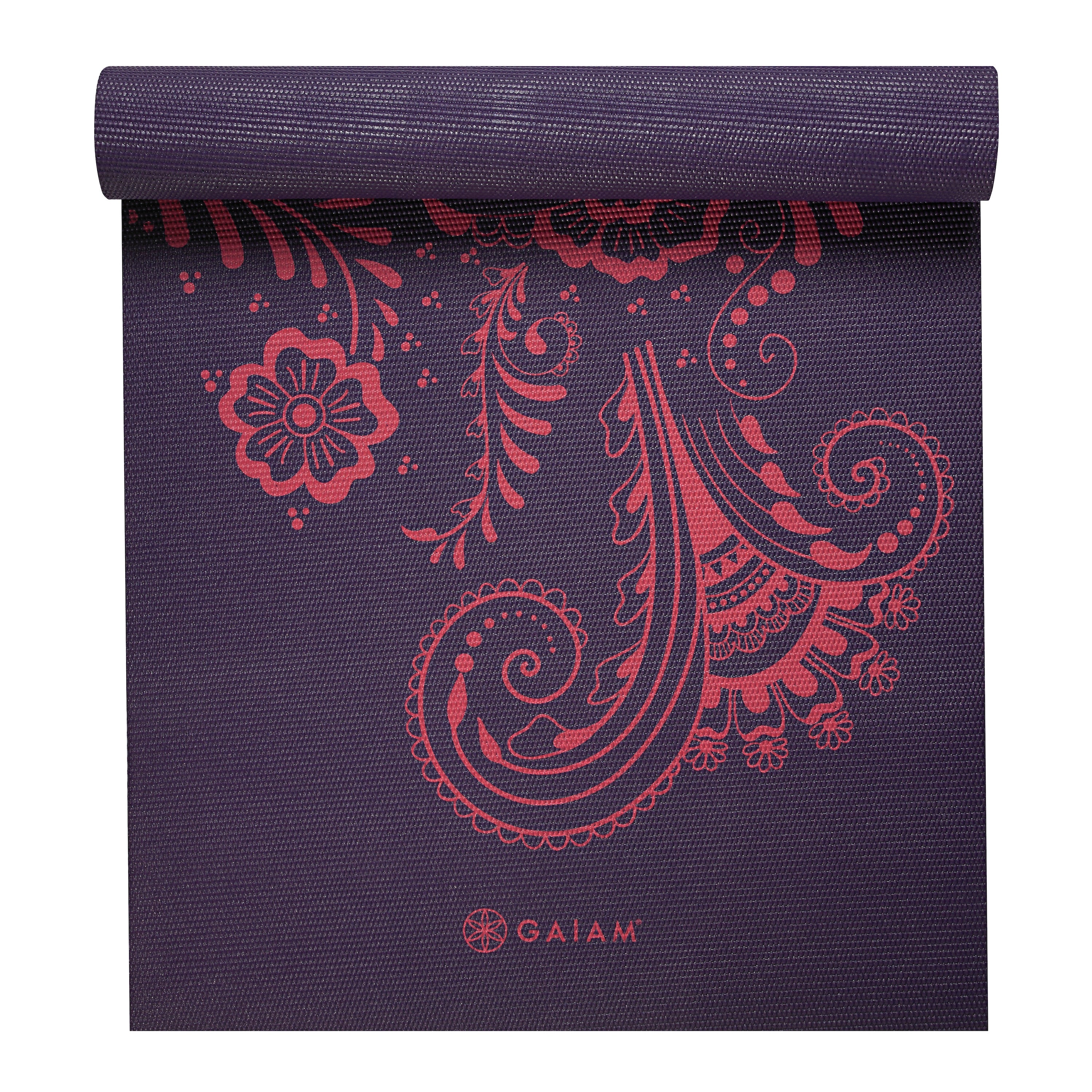 Gaiam Premium Aubergine Swirl Yoga Mat (6mm) top rolled